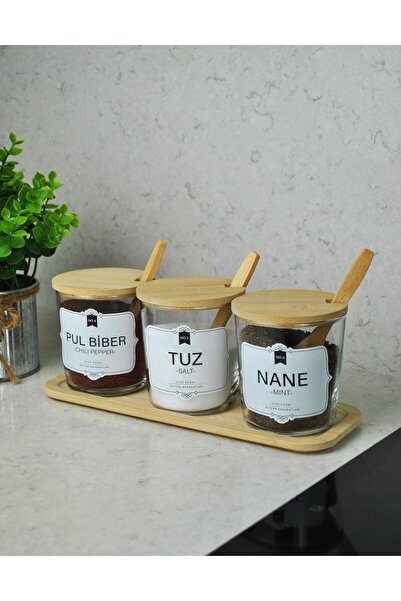 Qualitev 3'lü Bambu Kapaklı Standlı Kaşıklı Cam Baharatlık Takımı Tezgah Üstü...