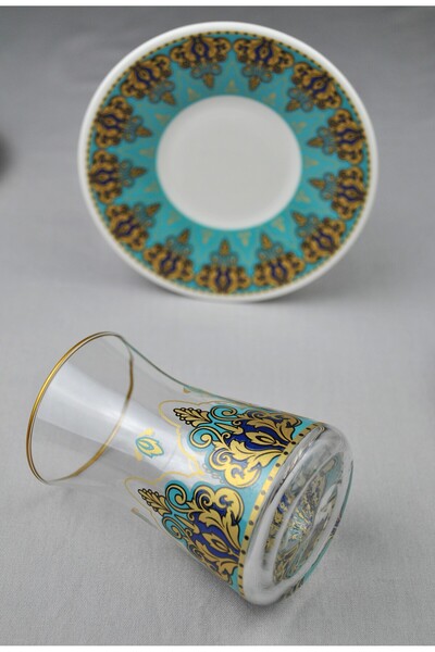 Qualitev 12 Piece Luxury Glass Tea Set for 6 People with Gold Detailing, Gold Color Embroidered Luxury Tea Set