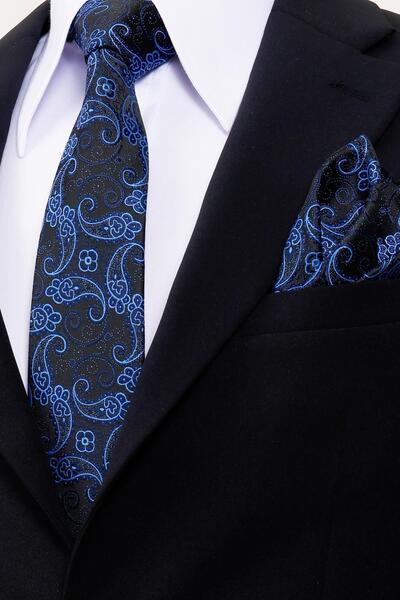 Esgue 8 cm Hand Made Black - Blue Shawl Pattern Handkerchief Tie