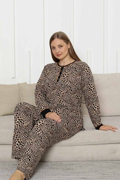 ALİMER Plus Size Women's Pajama Set - Leopard Print Long Sleeve Stretch Fabric Cotton 2880Ukb