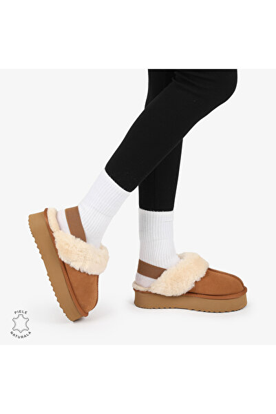 ANGEL BLUE WOMEN'S WINTER SLIPPERS made of GENUINE LEATHER WITH ELASTIC BACK CRL12691 COLOR Camel