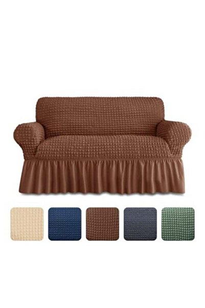 AlsayedP غطاء أريكة قابل للتمدد من قطعة واحدة مع تنورة (بني، مقعدين)
