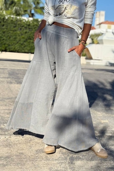 Güneşkızı Сірі штани з кишенями, пранні, з широкими штанинами, бавовняні, вільні 90 30