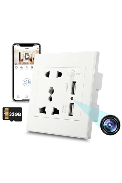 iUni Cameră spion PR2 universală cu priză de perete, Wi-Fi, 32GB, Full HD, 2 porturi USB-A