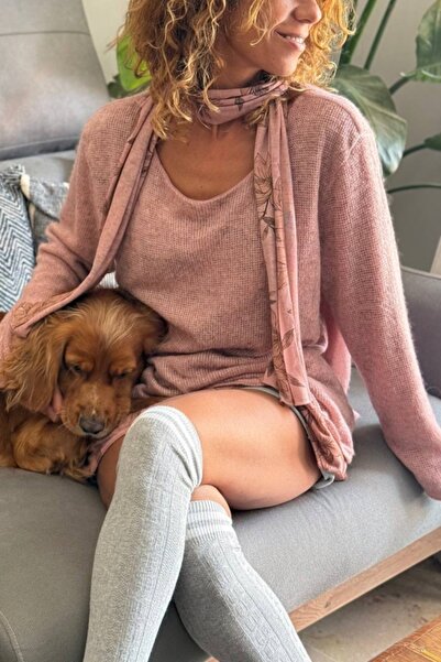 Güneşkızı Italian Salmon Color Boat Neck Double Layer Scarf Wool Blend Loose Sweater 75 55