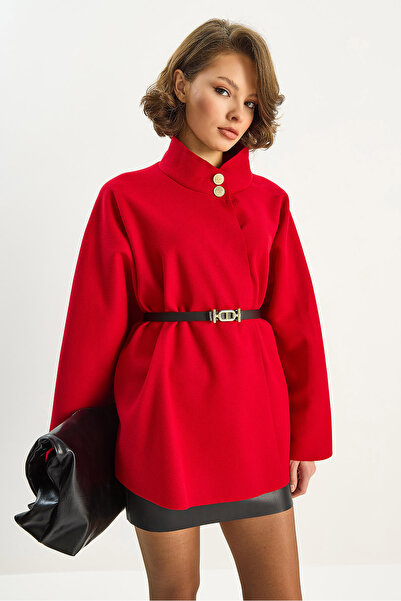 Bianco Lucci Women's Gold Button Detailed Mock Neck Belted Poncho 60282033