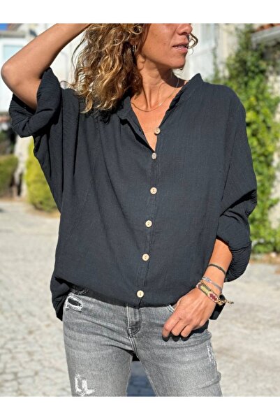 Güneşkızı Black Batwing Sleeve Washed Cotton Loose Shirt 75 60