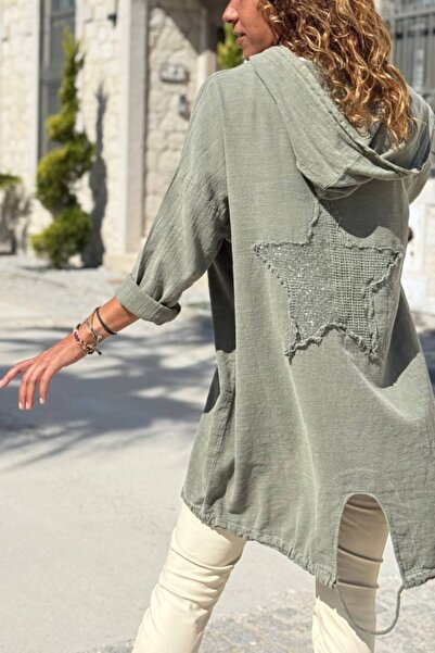 Güneşkızı Хаки качулка, памучно, свободно яке с капюшон и звезди, с подгъв и вратовръзка, 90 65