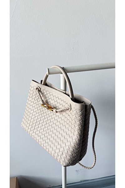 Eataly Shoes Beige Hand Knitted Large Size Bag with Gold Buckle Detail