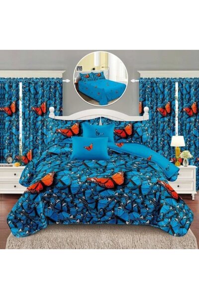 Casa de Vis Set lenjerie de pat dublu, 8 bucăți cu perdele, bumbac satinat, 2...