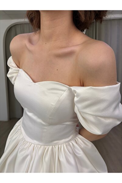 berissima bride Balon Etek Düşük Kol Kalp Yaka Saten After Elbise Anastasia