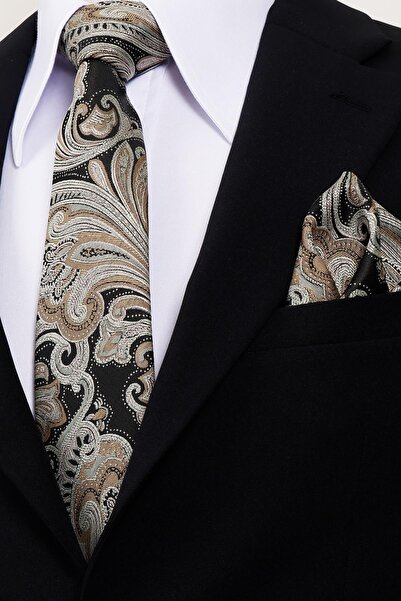 Esgue 8 cm Hand Made Black - Beige Patterned Handkerchief Tie