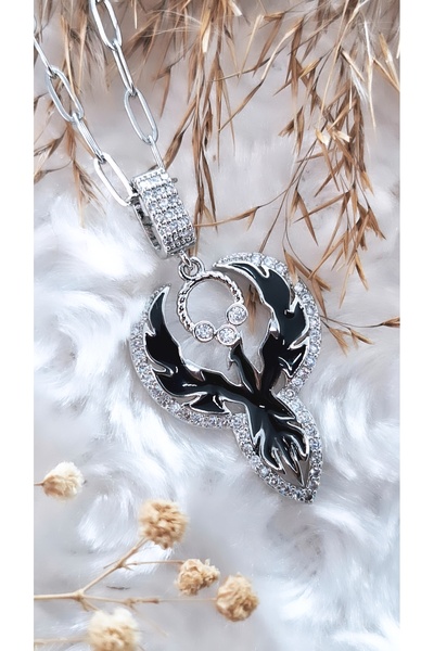 Serenity قلادة فولاذية على شكل طائر العنقاء مطلية بالمينا السوداء