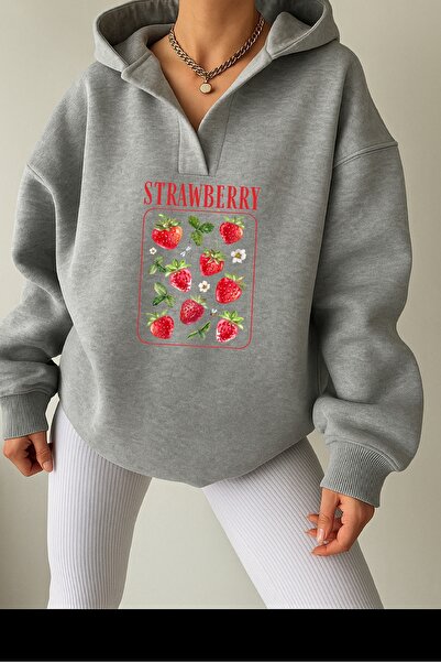 Deocept Unisex Gray V-Neck Hooded Printed Oversized Sweatshirt