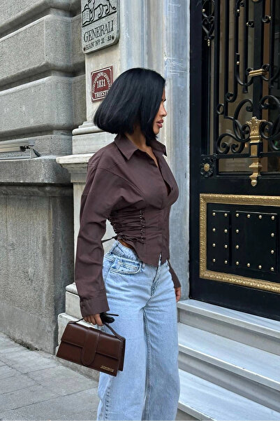 VİSKALİ Yan Bağcıklı Korse Formlu Kahverengi Gömlek