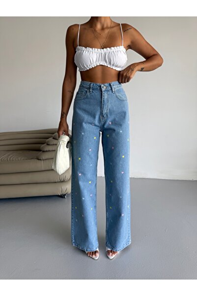 Lila Moda Floral Embroidered Washed Baggy Wide Leg High Waist Slouchy Jean De...