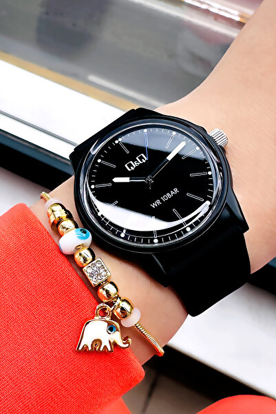 Q&Q 10 Atm Water Resistant Quartz Women's Wristwatch Black Color Silicone Band - Gift Bracelet Qqb2001C10