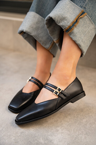 LAMİNTA Jadon Black Leather Double Buckle Detailed Women's Ballerinas