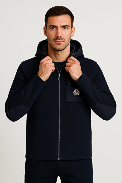 YusGos Men's Back and Arm Knitted and Arm Patched Raincoat Hooded High Quality Coat Jacket