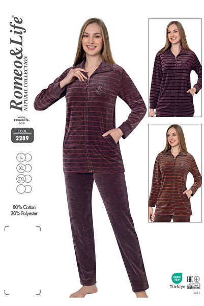 ROMEO LİFE Women's Plus Size Striped Cotton Velvet Tracksuit Set 2289