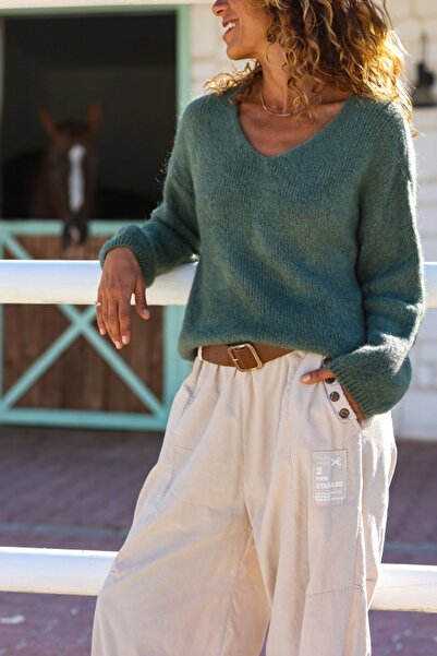 Güneşkızı Pulover casual din alpaca cu textura moale, kaki italian, cu decolteu în V 60 55