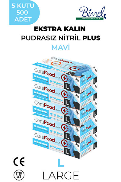 COREFOOD Ekstra Kalın Nitril Mavi Plus Muayene Eldiveni L - 5 Paket 100'lü