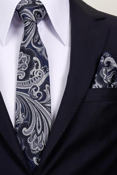 Esgue 8 cm Hand Made Navy Blue - Gray Patterned Handkerchief Tie