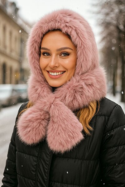 BALIENTE Pink Neck Tie Scarf Plush Women's Hat Beanie