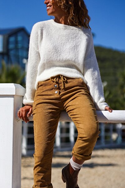 Güneşkızı Italian Camel Pocketed Buttoned Velvet Elasticated and Tied Waist Trousers 100 35