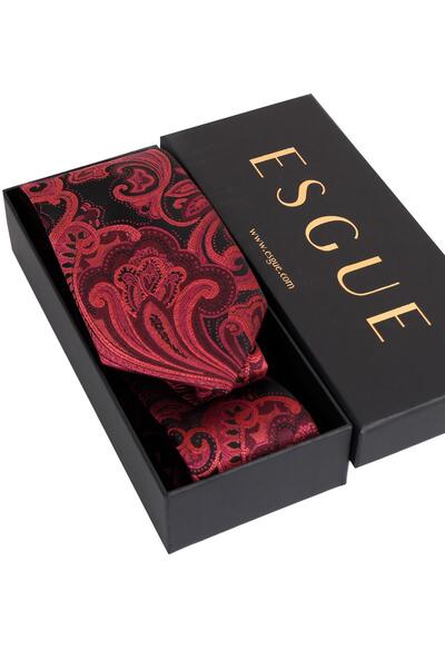 Esgue 8 cm Hand Made Black - Red Patterned Handkerchief Tie
