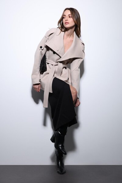 Antioch Beige Mock Neck Double-Breasted Women's Coat