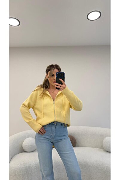 Şulenin Butiği FERMUARLI KAPŞONLU HIRKA SARI