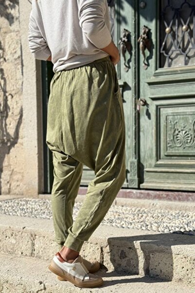 Güneşkızı Khaki Pocketed Washable Elastic and Tie-Waist Baggy Cotton Trousers 95 30
