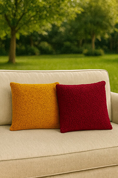 SAYMİNE Teddy Decorative Pillow and Inner-Filled Cushion (Mustard Red) -