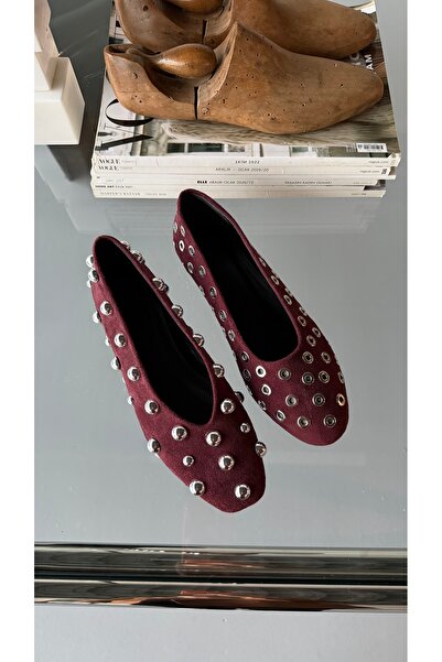 Eataly Shoes Velvet Burgundy Square Shape Silver Round Buckle Accessory Ballerinas
