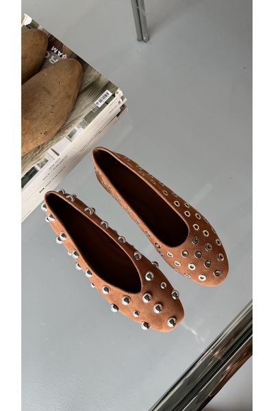 Eataly Shoes Velvet Tan Square Shape Silver Round Buckle Accessory Ballerinas