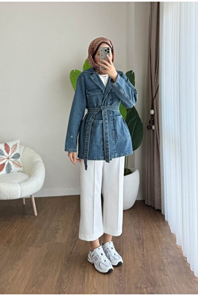 MissPul Τζιν μπουφάν με ζώνη και αφαιρούμενη γούνινη λεπτομέρεια