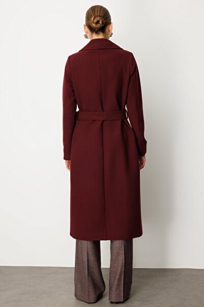 Ekol Belted Double-Breasted Collar Coat Burgundy 06063