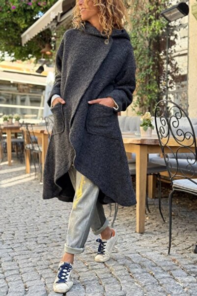 Güneşkızı Italian Anthracite K Hooded Buttoned Casual Coat with Oval Skirt and Pockets 100 55