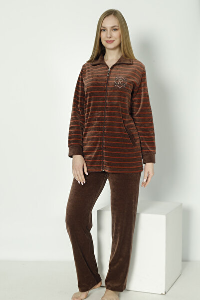 ROMEO LİFE Women's Plus Size Striped Cotton Velvet Tracksuit Set 2289