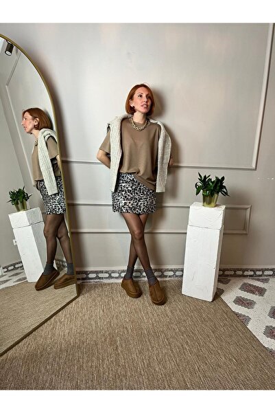 MSglame Leopar Desen Payet Mini Etek Kahverengi