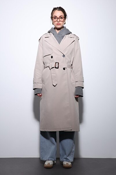 Antioch Beige Double-Breasted Belted Women's Trench Coat