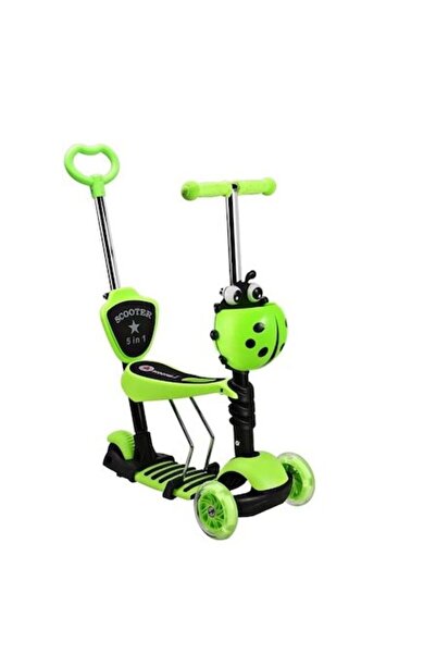 Scooter 5-in-1 tricycle with seat & backrest, adjustable 5-step handle, 3 LED wheels, green
