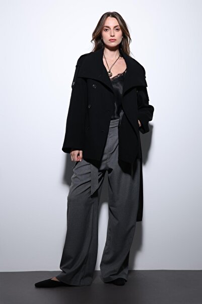 Antioch Black Mock Neck Double-Breasted Women's Coat