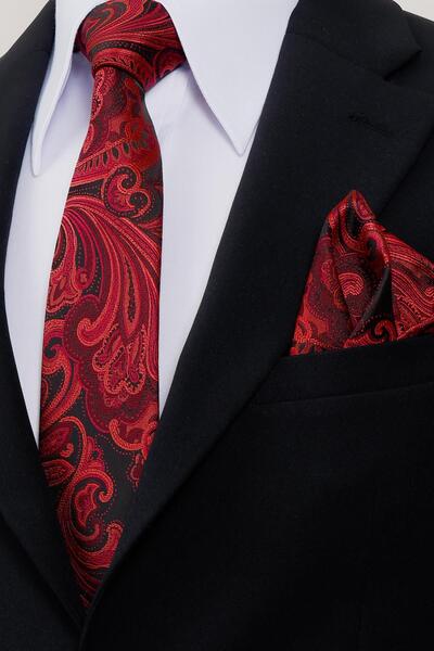 Esgue 8 cm Hand Made Black - Red Patterned Handkerchief Tie