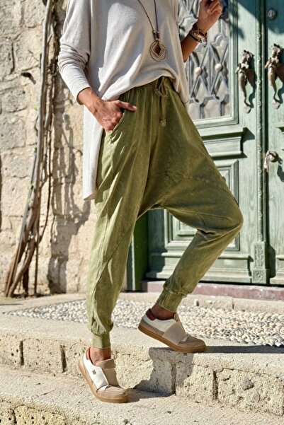 Güneşkızı Khaki Pocketed Washable Elastic and Tie-Waist Baggy Cotton Trousers 95 30
