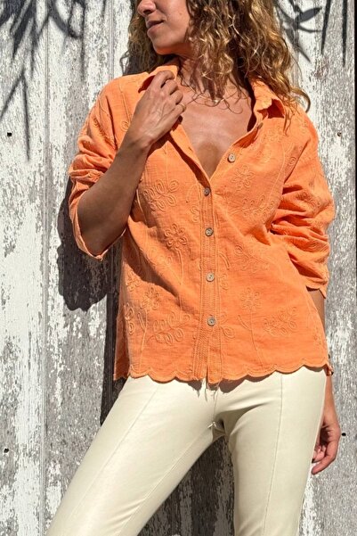 Güneşkızı Cămașă din bumbac cu broderie în formă de tiviu de fustă, lavată portocalie 60 50