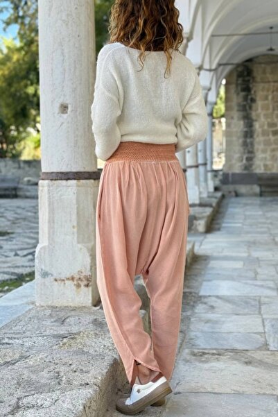 Güneşkızı Salmon Color Pocketed Washable Soft Textured Brode Elastic Waist Baggy Cotton Casual Trousers 100 35