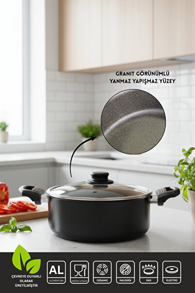 ELDİPA Fireproof Non-Stick Granite Look 24 cm Aluminum Pot with Stylish and Ergonomic Handle