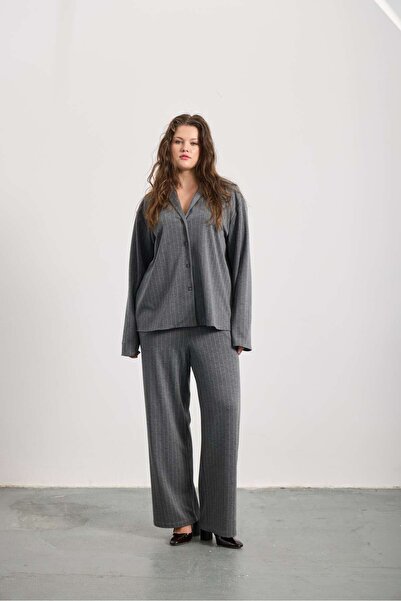 LUOKK PEGASE Çizgili Örme Gömlek Gri-Beyaz Çizgili